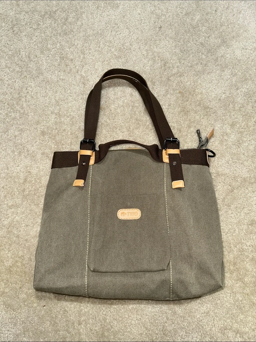 K-Two Olive Canvas Tote with Dark Brown Straps